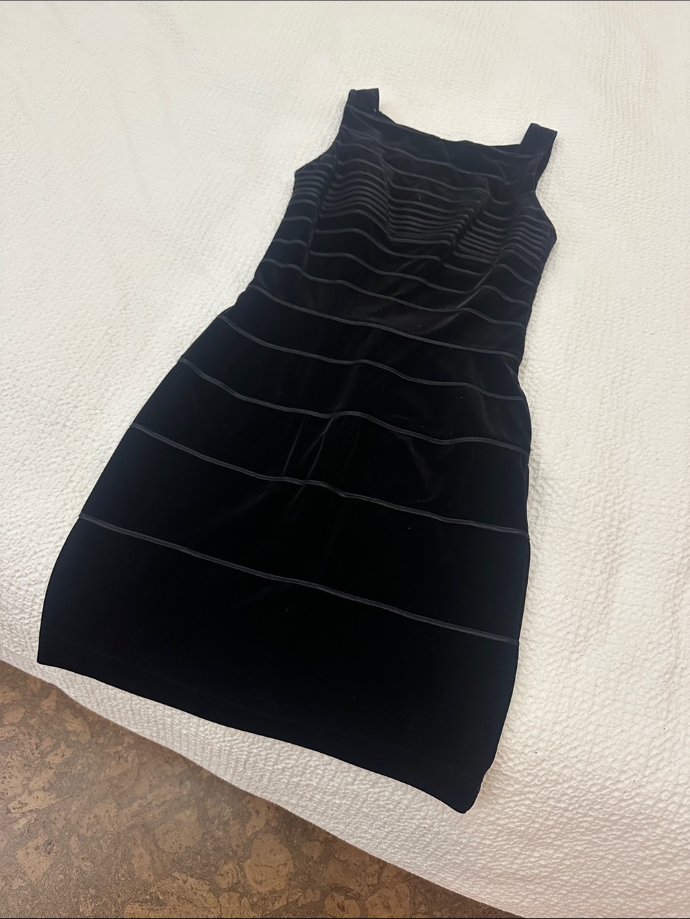 Tadashi Classic Black Velvet Mini Dress with Subtle Stripes